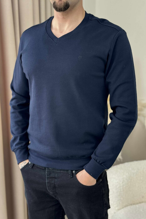 ONE COLOR V NECK SIMPLE MEN SWEATSHIRT DARK BLUE/BEE - 3