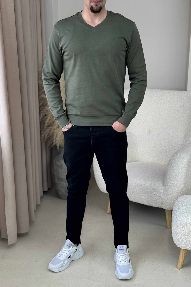 ONE COLOR V NECK SIMPLE MEN SWEATSHIRT GREEN/JESHILE - 1