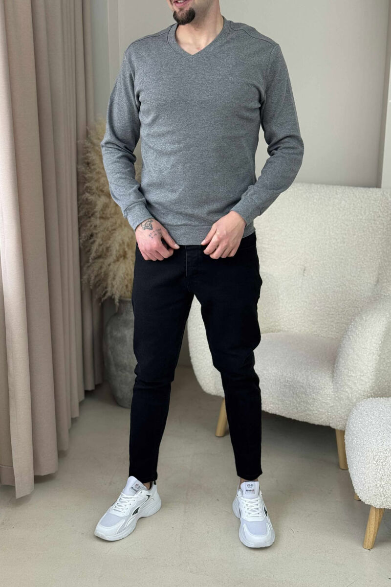 ONE COLOR V NECK SIMPLE MEN SWEATSHIRT GREY/GRI - 1