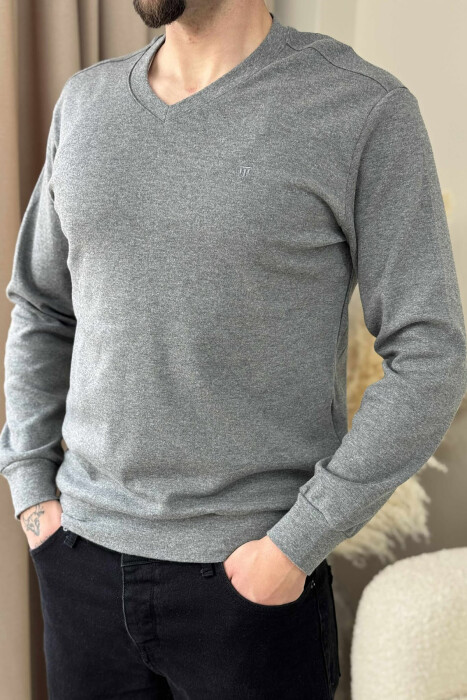 ONE COLOR V NECK SIMPLE MEN SWEATSHIRT GREY/GRI - 2