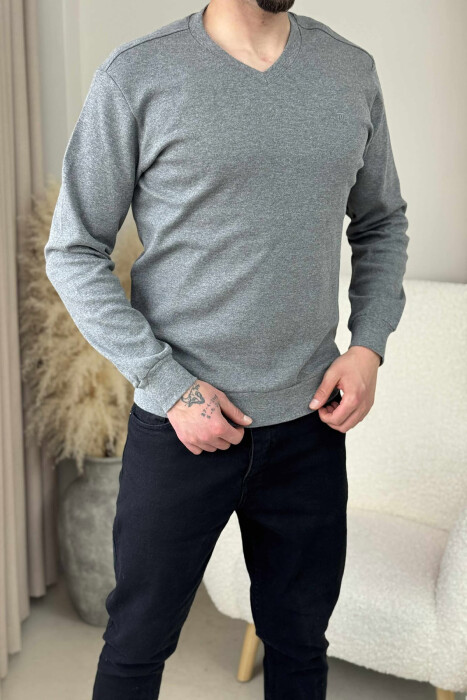 ONE COLOR V NECK SIMPLE MEN SWEATSHIRT GREY/GRI - 3