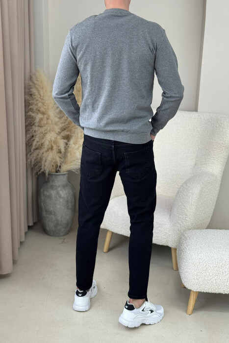 ONE COLOR V NECK SIMPLE MEN SWEATSHIRT GREY/GRI - 4