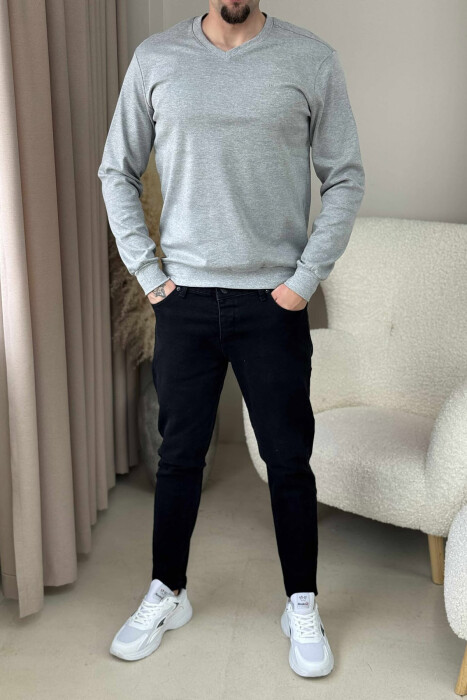 ONE COLOR V NECK SIMPLE MEN SWEATSHIRT LIGHT GREY/GZ - 1