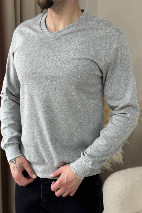 ONE COLOR V NECK SIMPLE MEN SWEATSHIRT LIGHT GREY/GZ - 2