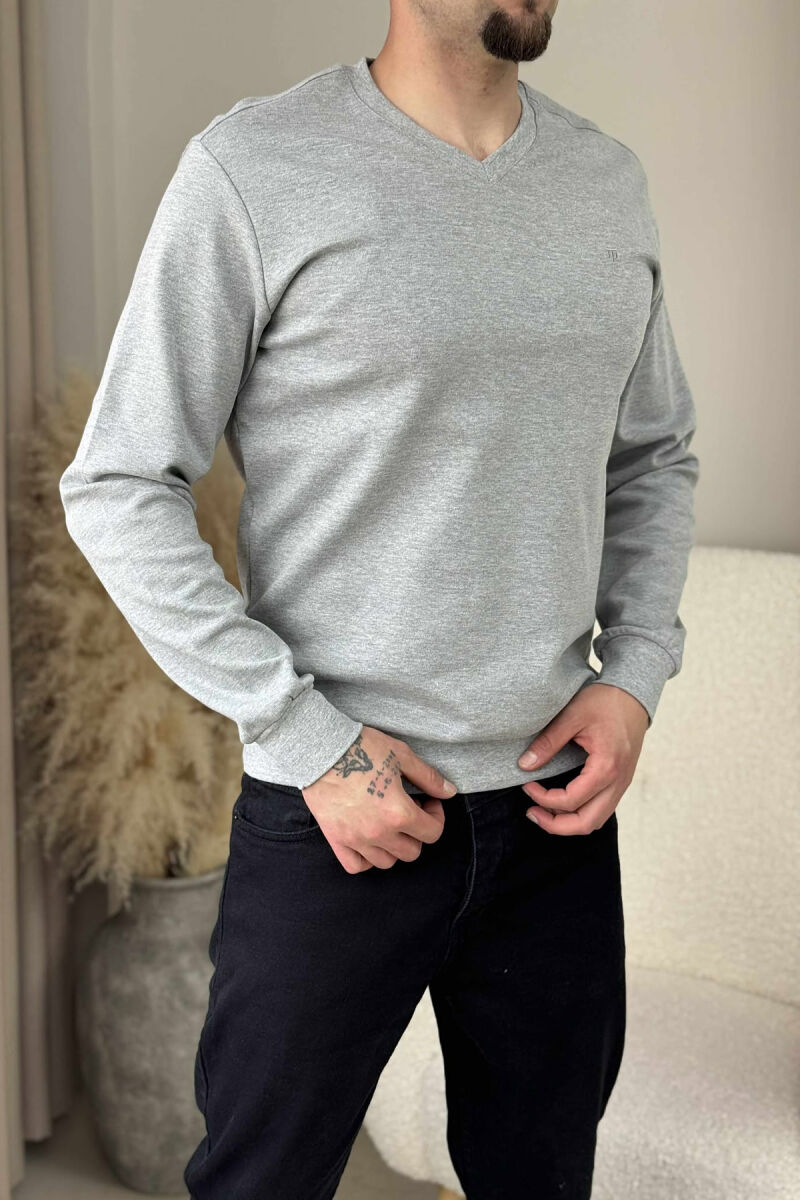 ONE COLOR V NECK SIMPLE MEN SWEATSHIRT LIGHT GREY/GZ - 3