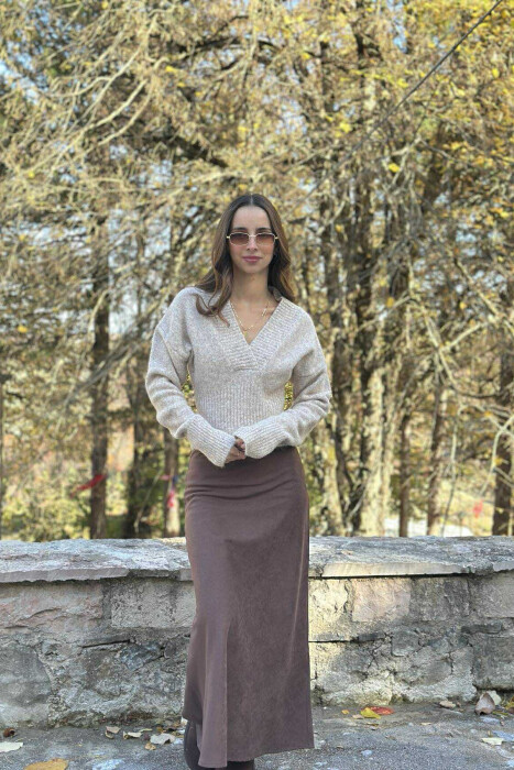 ONE COLOR V NECK SIMPLE WOMEN SWEATER BEIGE/BEZHE - 2