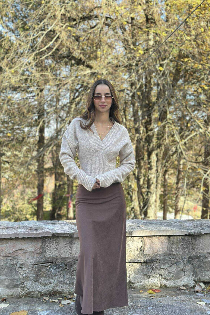 ONE COLOR V NECK SIMPLE WOMEN SWEATER BEIGE/BEZHE - 2