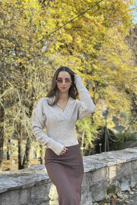 ONE COLOR V NECK SIMPLE WOMEN SWEATER BEIGE/BEZHE - 3