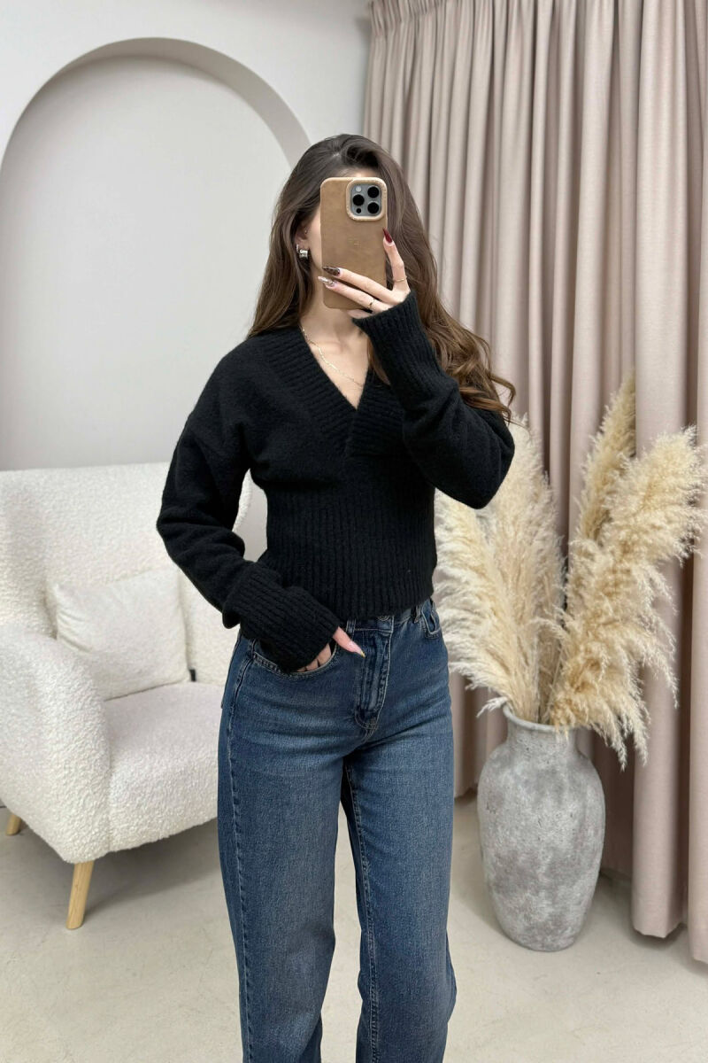 ONE COLOR V NECK SIMPLE WOMEN SWEATER BLACK/ E ZEZE - 1
