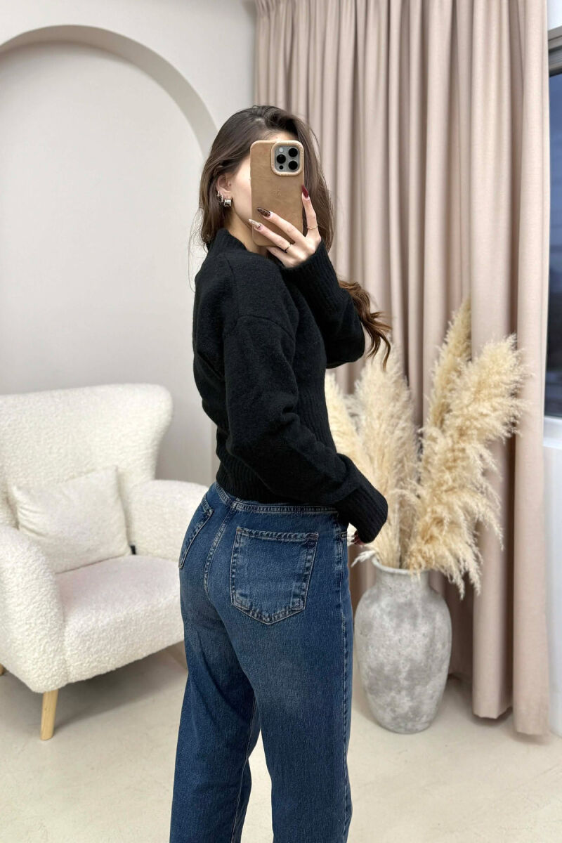 ONE COLOR V NECK SIMPLE WOMEN SWEATER BLACK/ E ZEZE - 3