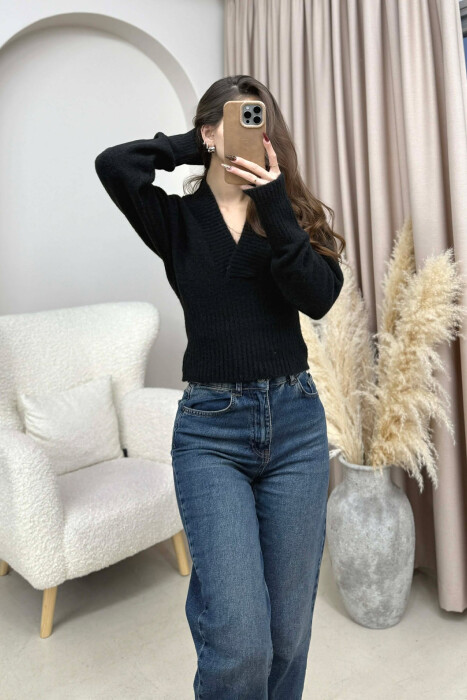 ONE COLOR V NECK SIMPLE WOMEN SWEATER BLACK/ E ZEZE - 4