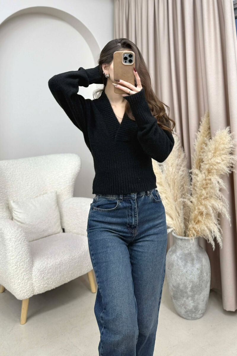 ONE COLOR V NECK SIMPLE WOMEN SWEATER BLACK/ E ZEZE - 4