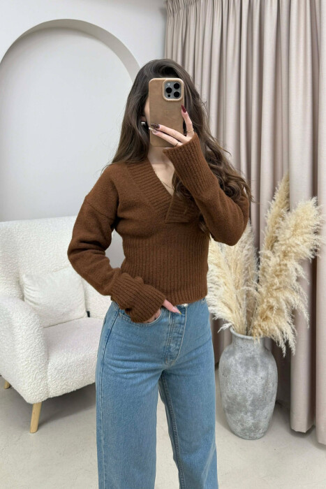 ONE COLOR V NECK SIMPLE WOMEN SWEATER BROWN/KAFE - 2