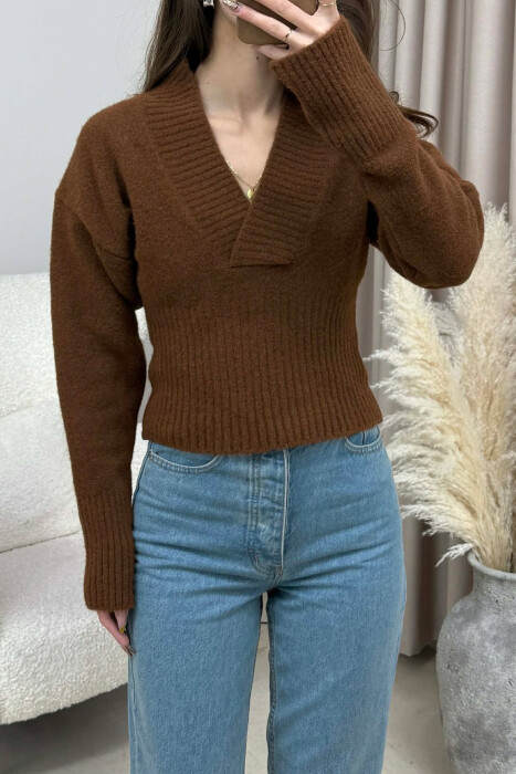 ONE COLOR V NECK SIMPLE WOMEN SWEATER BROWN/KAFE - 3