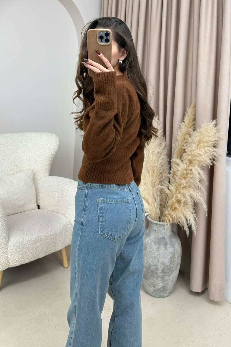 ONE COLOR V NECK SIMPLE WOMEN SWEATER BROWN/KAFE - 4