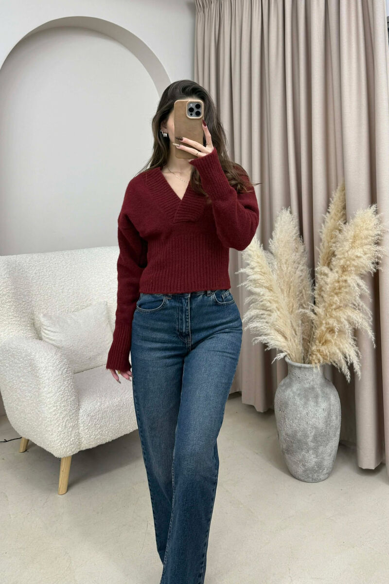 ONE COLOR V NECK SIMPLE WOMEN SWEATER BURGUNDY/VISHNJE - 1