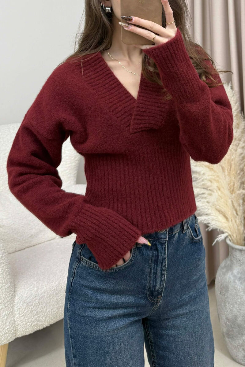 ONE COLOR V NECK SIMPLE WOMEN SWEATER BURGUNDY/VISHNJE - 3