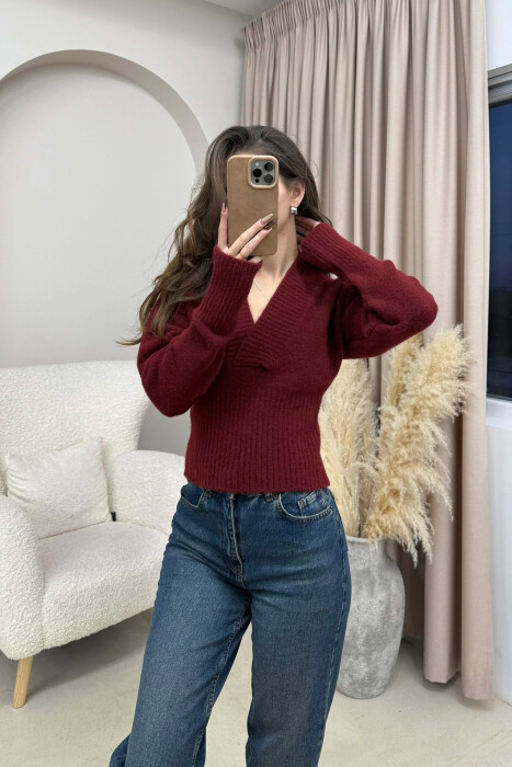 ONE COLOR V NECK SIMPLE WOMEN SWEATER BURGUNDY/VISHNJE - 4