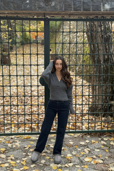 ONE COLOR V NECK SIMPLE WOMEN SWEATER DARK GREY/GEE - 3