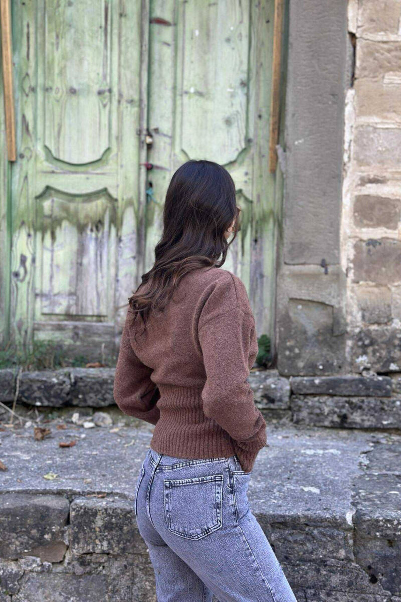 ONE COLOR V NECK SIMPLE WOMEN SWEATER LIGHT BROWN/KAZB - 4