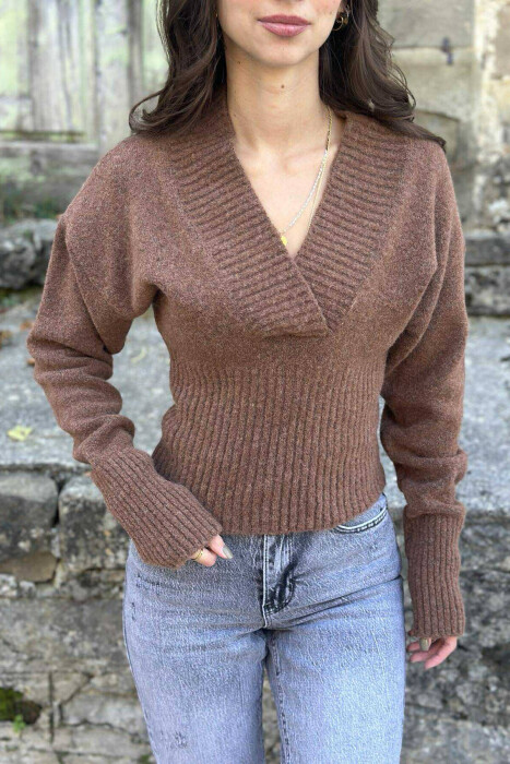 ONE COLOR V NECK SIMPLE WOMEN SWEATER LIGHT BROWN/KAZB - 5