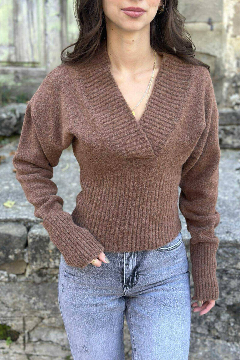 ONE COLOR V NECK SIMPLE WOMEN SWEATER LIGHT BROWN/KAZB - 5