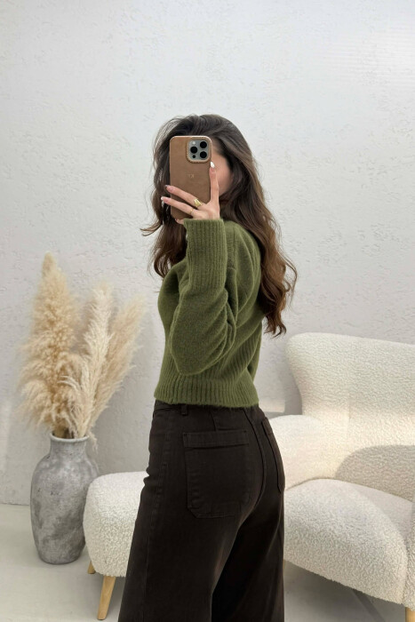 ONE COLOR V NECK SIMPLE WOMEN SWEATER OLIVE/ULLI - 2