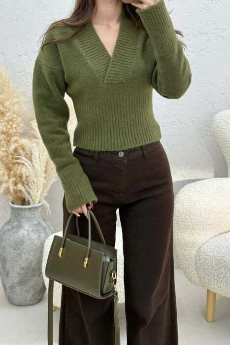 ONE COLOR V NECK SIMPLE WOMEN SWEATER OLIVE/ULLI - 3