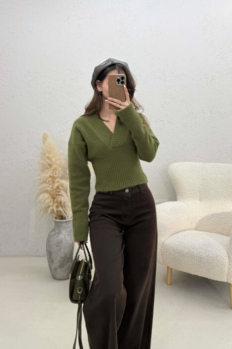 ONE COLOR V NECK SIMPLE WOMEN SWEATER OLIVE/ULLI - 4