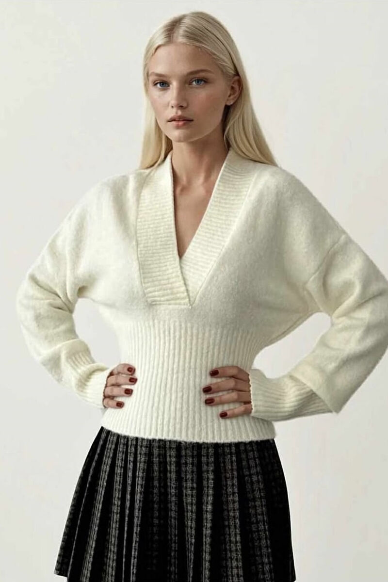 ONE COLOR V NECK SIMPLE WOMEN SWEATER WHITE-E BARDHE - 1