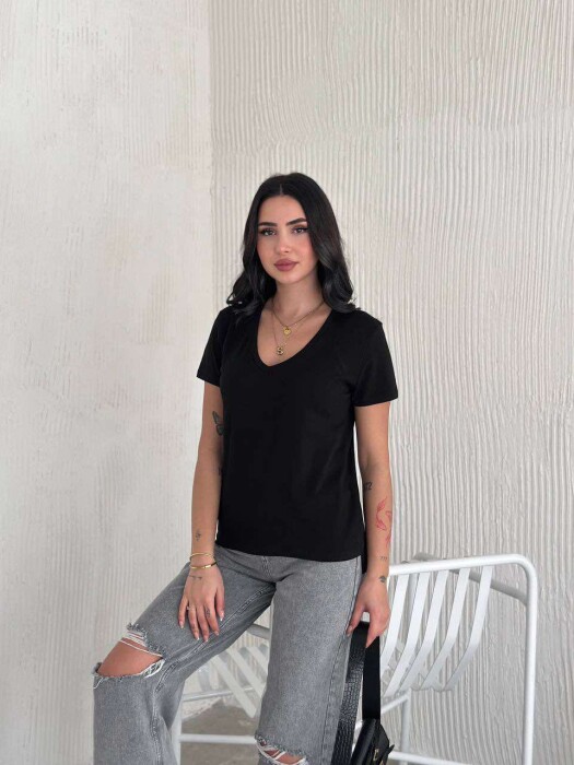 V NECK SIMPLE WOMEN T-SHIRT IN BLACK COLOR 