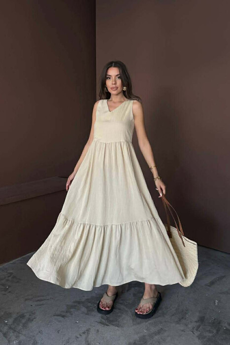 ONE COLOR V NECK SLEEVLESS WOMAN DRESS LIGHT BEIGE/BZHZB - 2