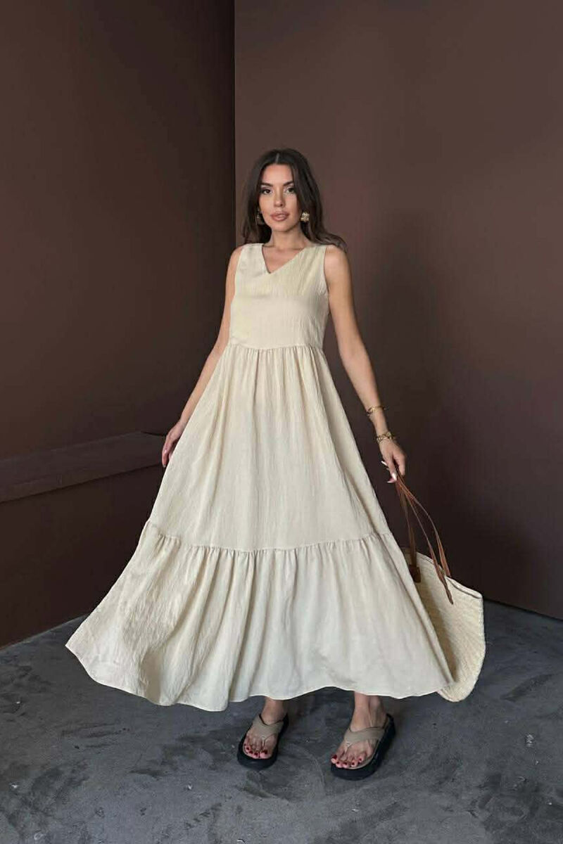 ONE COLOR V NECK SLEEVLESS WOMAN DRESS LIGHT BEIGE/BZHZB - 2