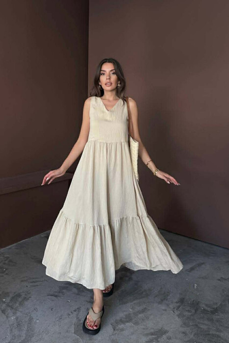 ONE COLOR V NECK SLEEVLESS WOMAN DRESS LIGHT BEIGE/BZHZB - 3