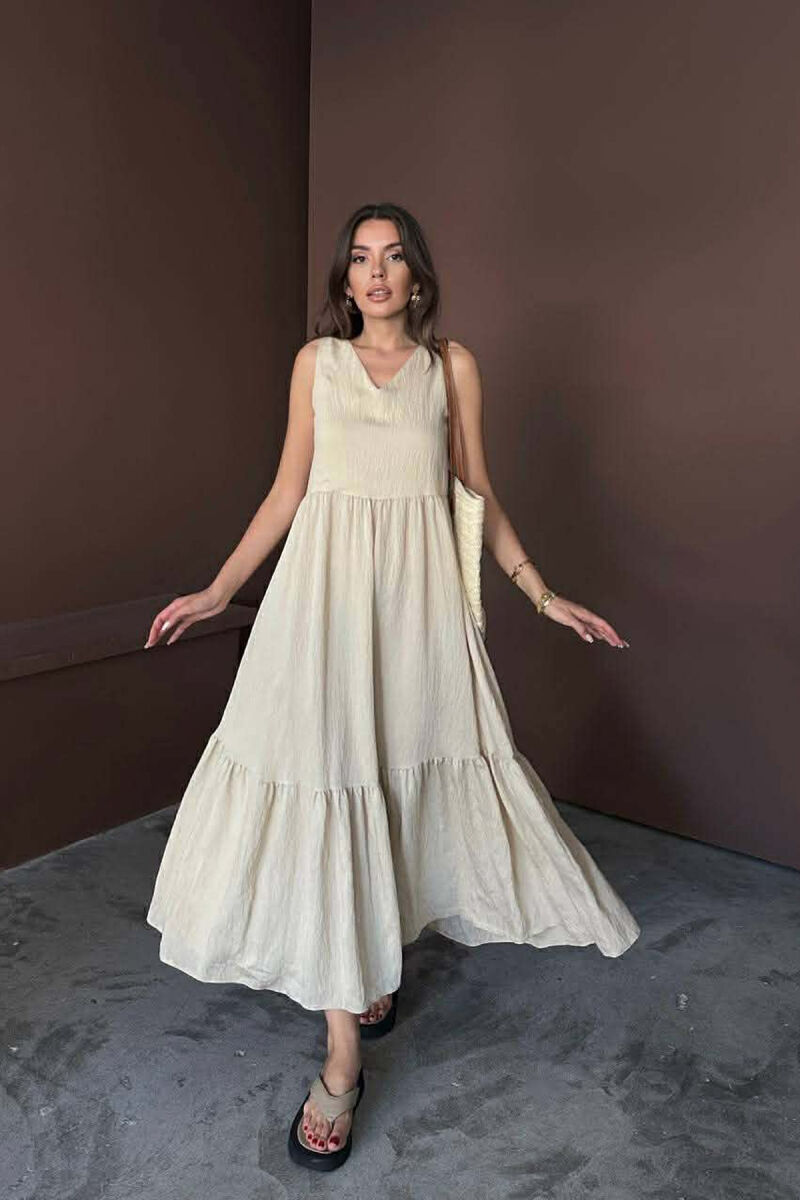 ONE COLOR V NECK SLEEVLESS WOMAN DRESS LIGHT BEIGE/BZHZB - 3