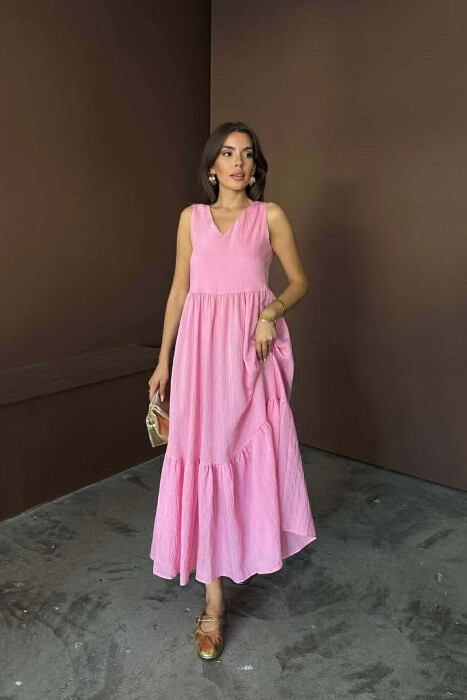 ONE COLOR V NECK SLEEVLESS WOMAN DRESS PINK/ROZE 
