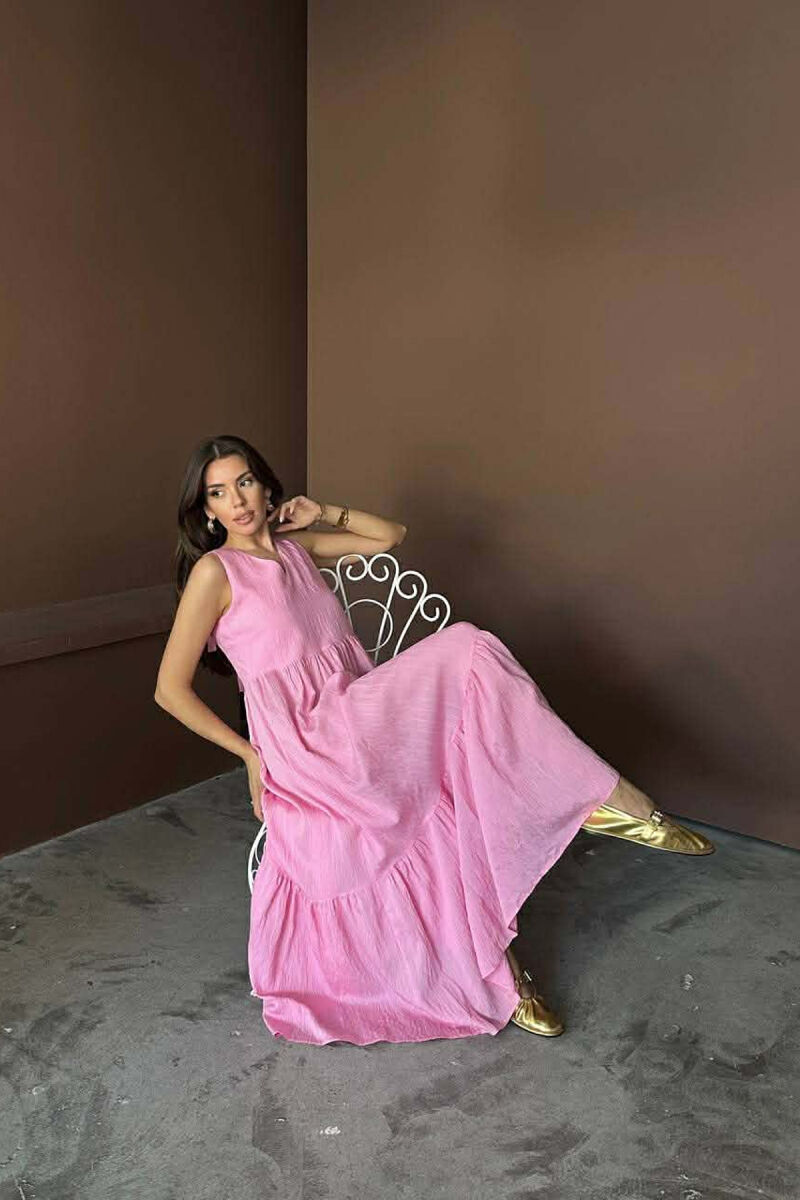 ONE COLOR V NECK SLEEVLESS WOMAN DRESS PINK/ROZE - 3