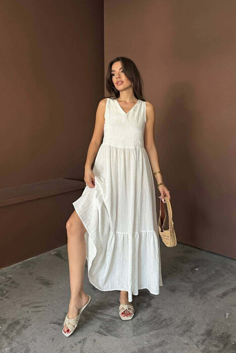 ONE COLOR V NECK SLEEVLESS WOMAN DRESS WHITE-E BARDHE - 2