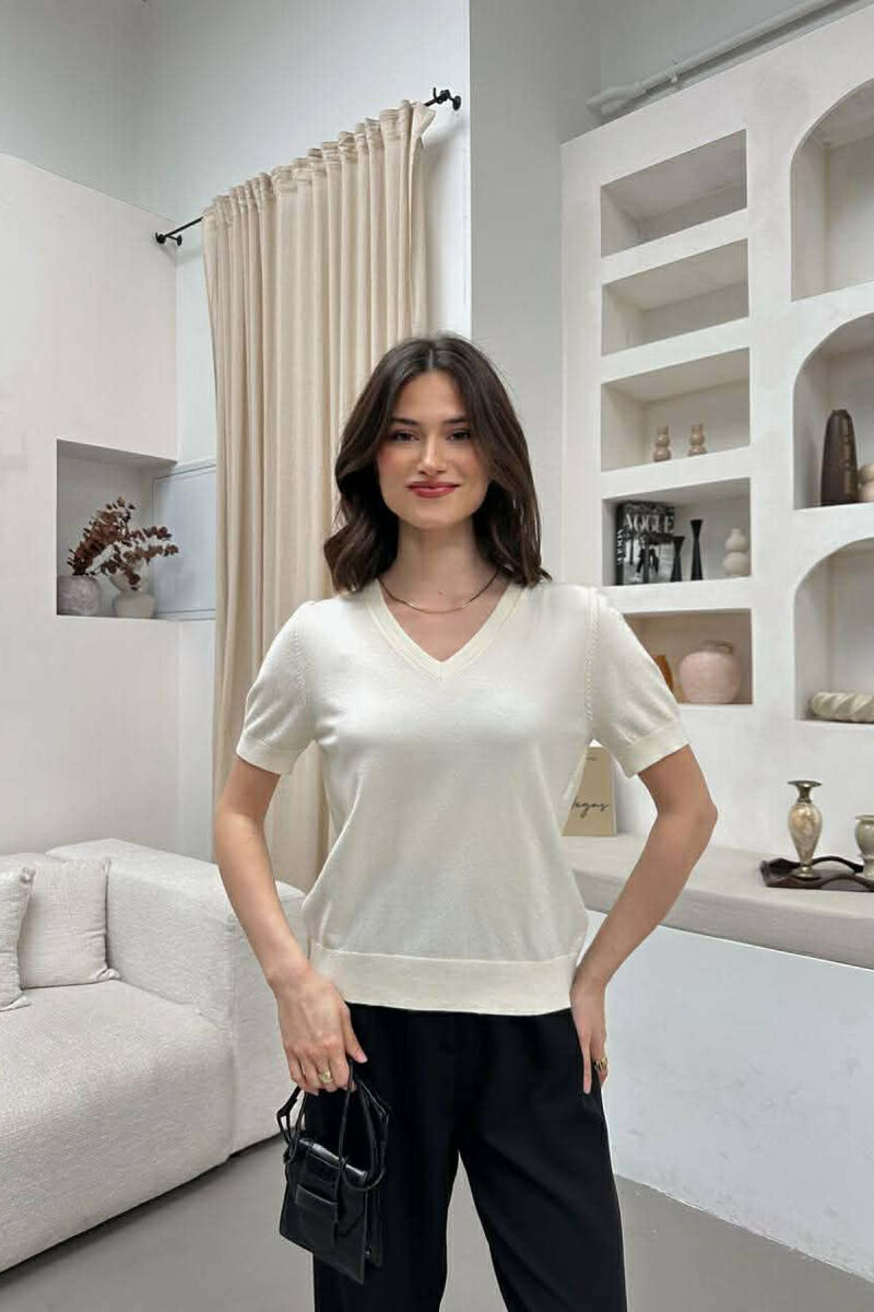 ONE COLOR V NECK WOMAN T-SHIRT CREAM/KREM - 1