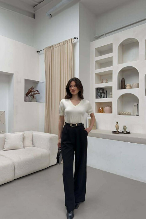 ONE COLOR V NECK WOMAN T-SHIRT CREAM/KREM - 2