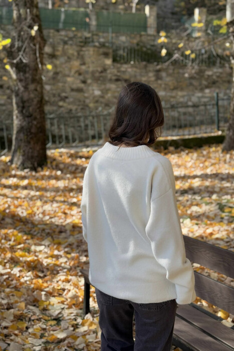 ONE COLOR V NECK WOMEN SWEATER CREAM/KREM - 4