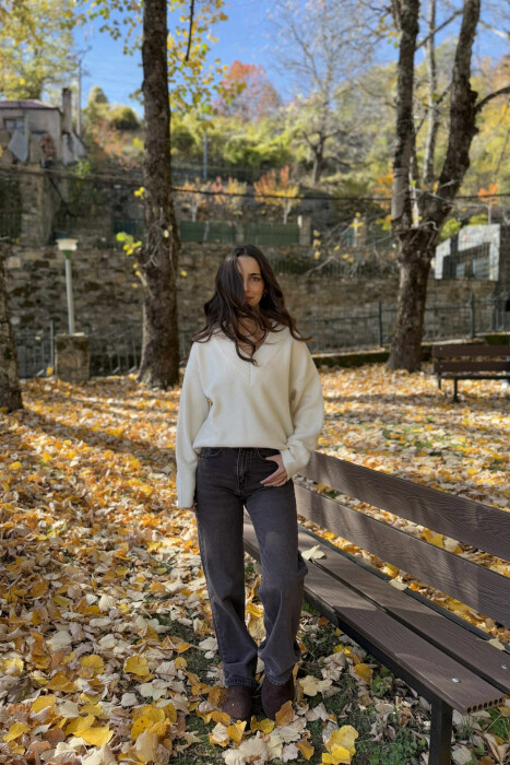 ONE COLOR V NECK WOMEN SWEATER CREAM/KREM - 2