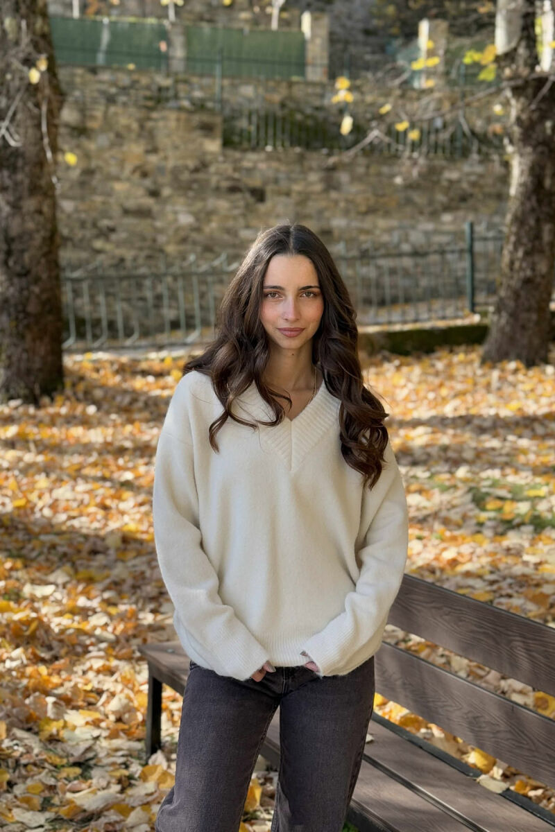 ONE COLOR V NECK WOMEN SWEATER CREAM/KREM - 3