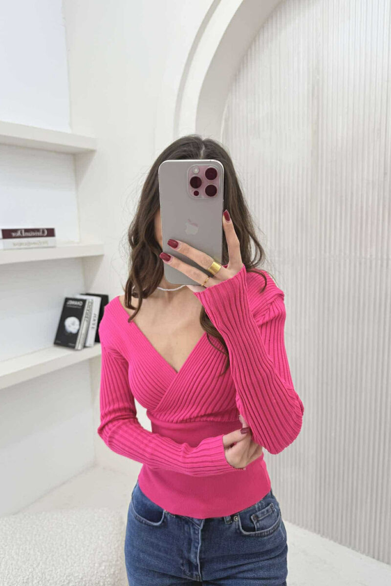 ONE COLOR V NECK WOMEN SWEATER FUCHSIA/CIKLAMI - 5