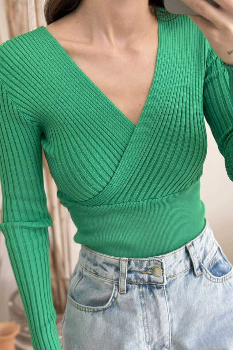 ONE COLOR V NECK WOMEN SWEATER GREEN/JESHILE - 2