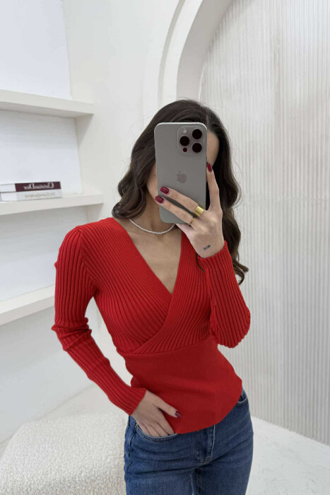 ONE COLOR V NECK WOMEN SWEATER RED/E KUQE - 1
