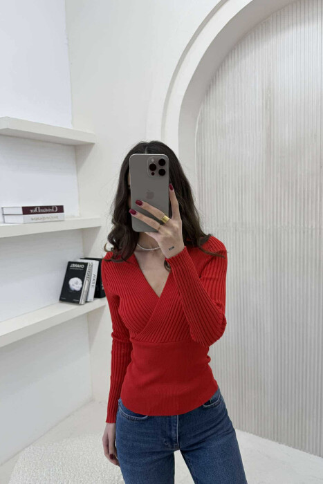 ONE COLOR V NECK WOMEN SWEATER RED/E KUQE - 2