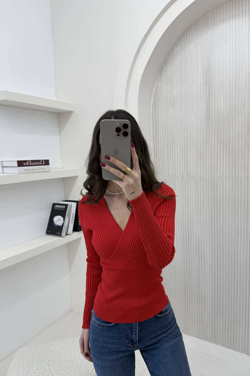 ONE COLOR V NECK WOMEN SWEATER RED/E KUQE - 2