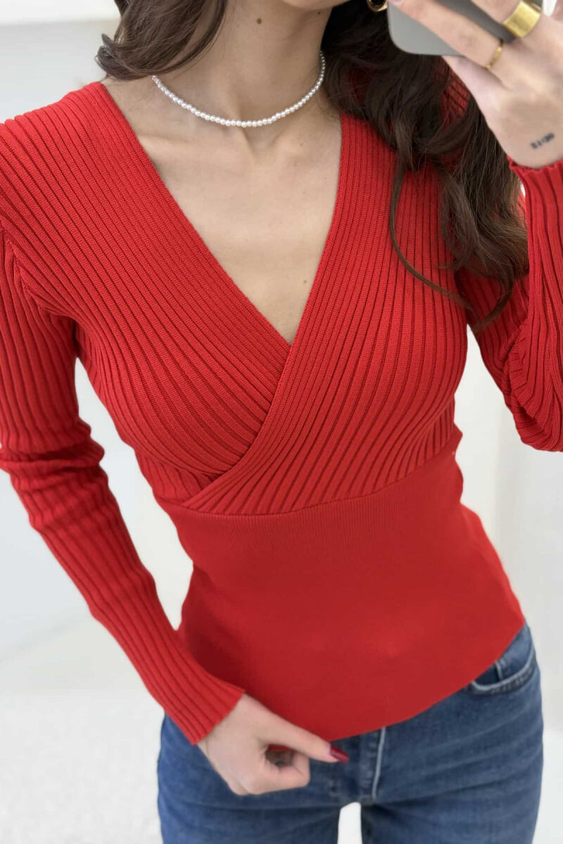 ONE COLOR V NECK WOMEN SWEATER RED/E KUQE - 3