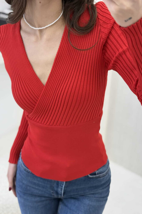 ONE COLOR V NECK WOMEN SWEATER RED/E KUQE - 4